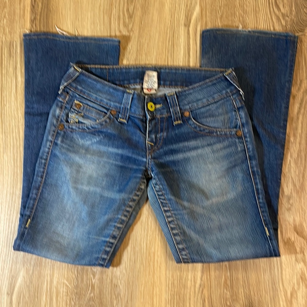 True Religion Low rise flare jeans.